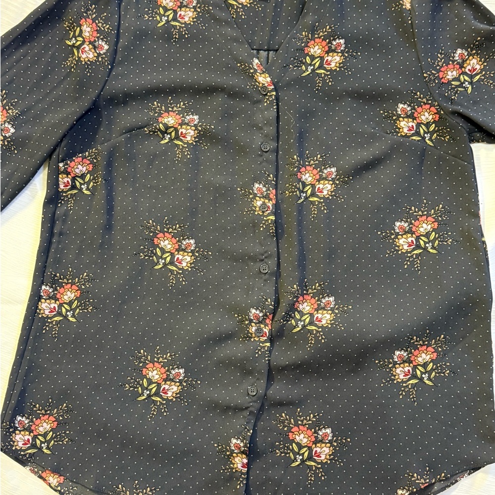 T Tahari Blouse Women’s M Floral Polka Dot Navy Long Sleeve Discontinued